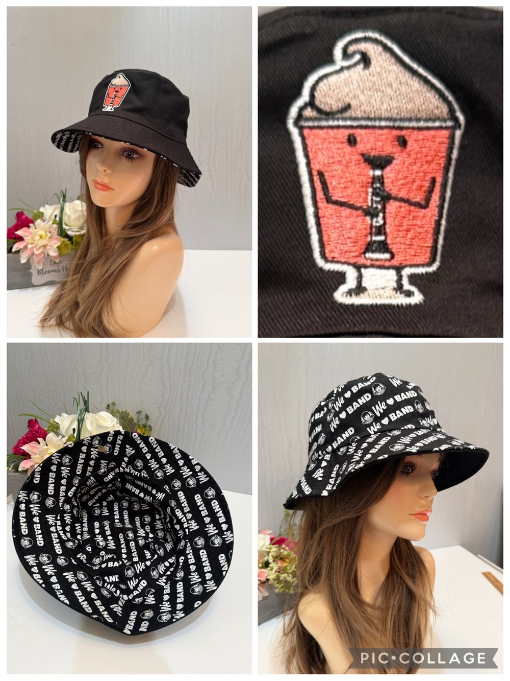 Reversible Black Bucket Hat Clarinet Drink Character Patch & We Love Band Print